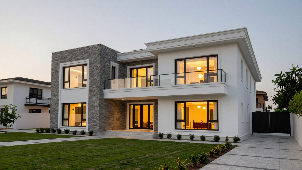 A modern luxury villa in a premium Pakistani residential area during sunset