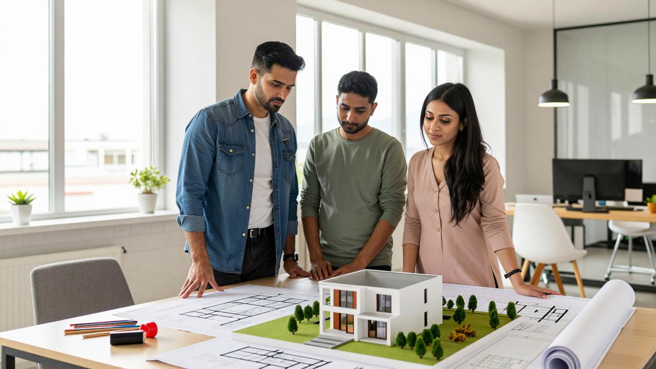An architect and a homeowner reviewing 3D house plans in a studio