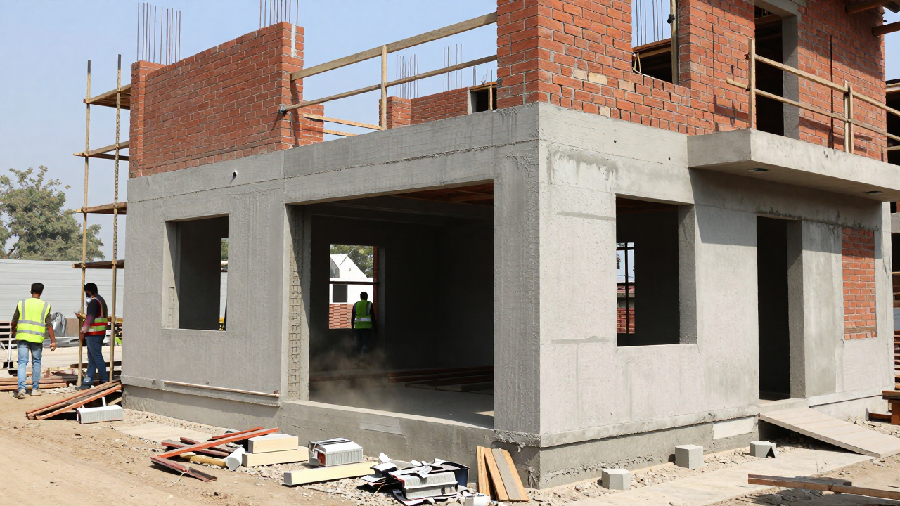 A construction site showing the grey structure of a house with brickwork and scaffolding