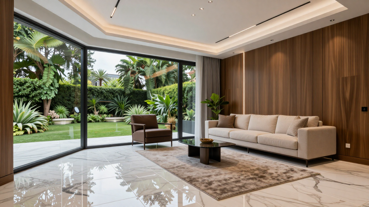 A high-end finished interior of a modern Pakistani living room with marble floors