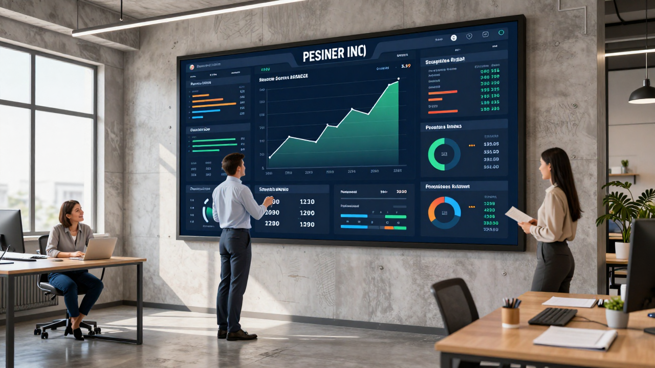 A small business team looking at a custom software dashboard in a modern office.
